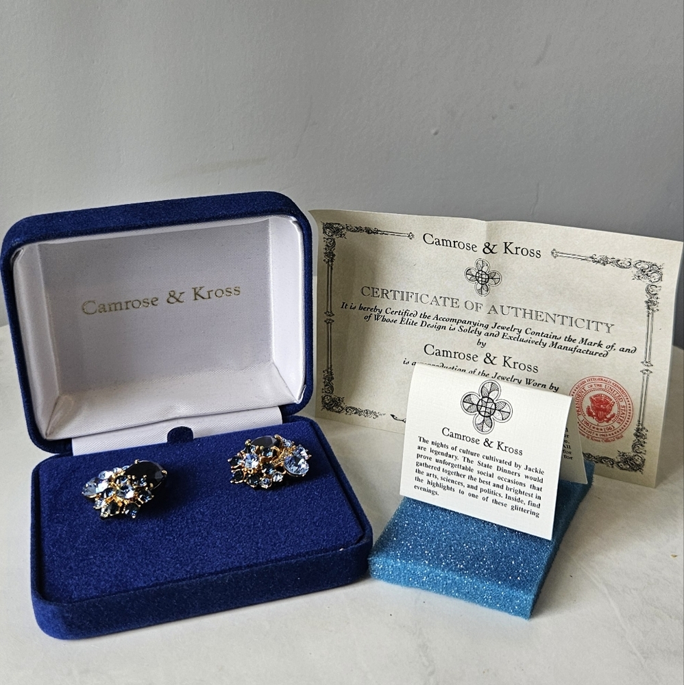 New Camrose & Kross JBK Jackie Kennedy Blue Gold Crystal Earrings Full Inclusion